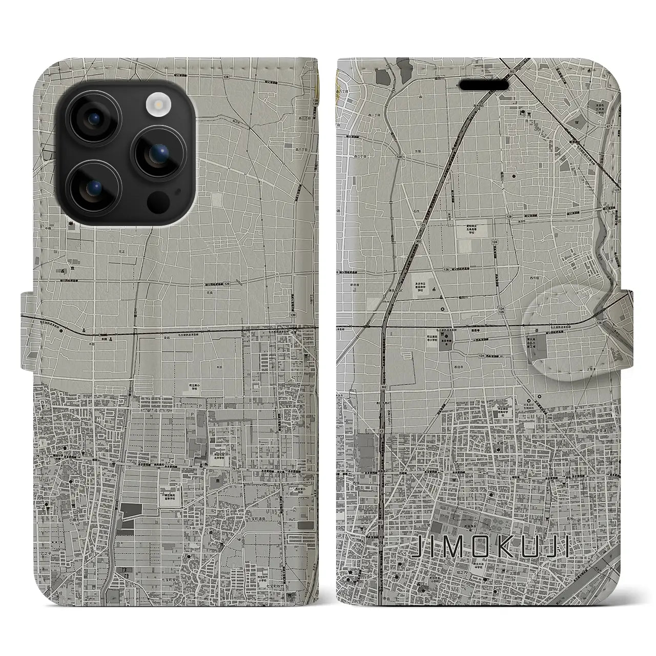 【甚目寺(愛知県)】地図柄iPhoneケース(手帳タイプ)モノトーン・iPhone 16 用