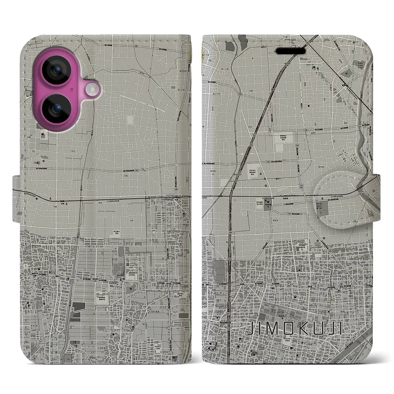 【甚目寺(愛知県)】地図柄iPhoneケース(手帳タイプ)モノトーン・iPhone 16 Pro 用