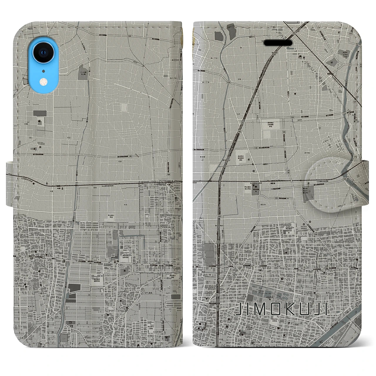 【甚目寺(愛知県)】地図柄iPhoneケース(手帳タイプ)モノトーン・iPhone XR 用