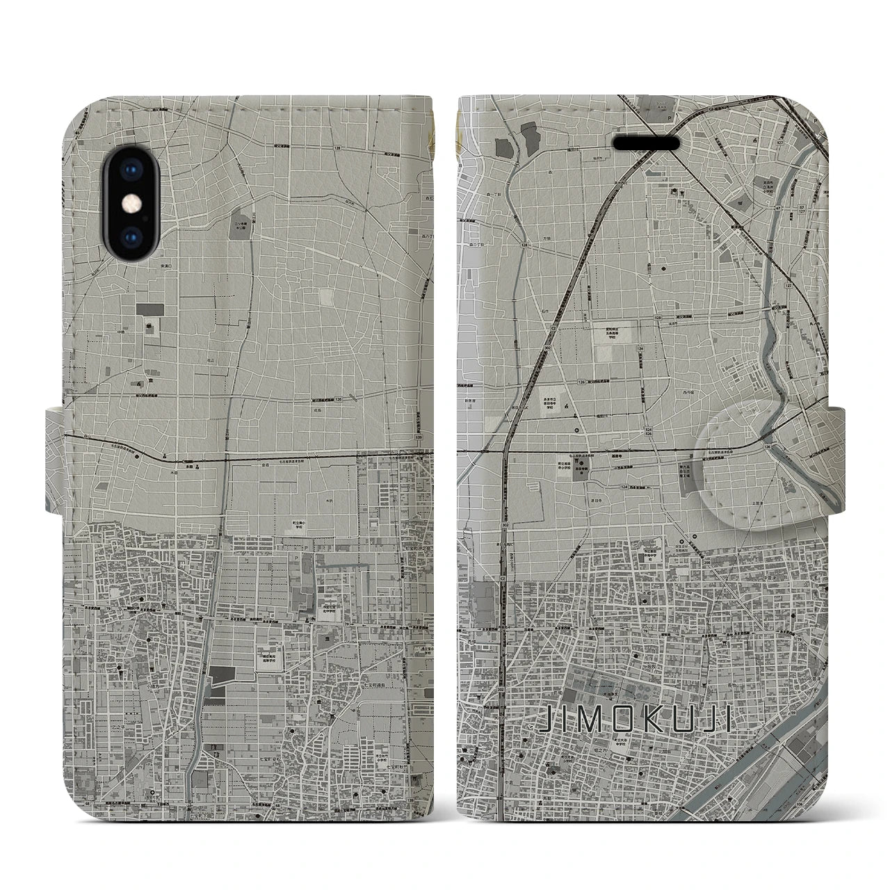【甚目寺(愛知県)】地図柄iPhoneケース(手帳タイプ)モノトーン・iPhone XS / X 用