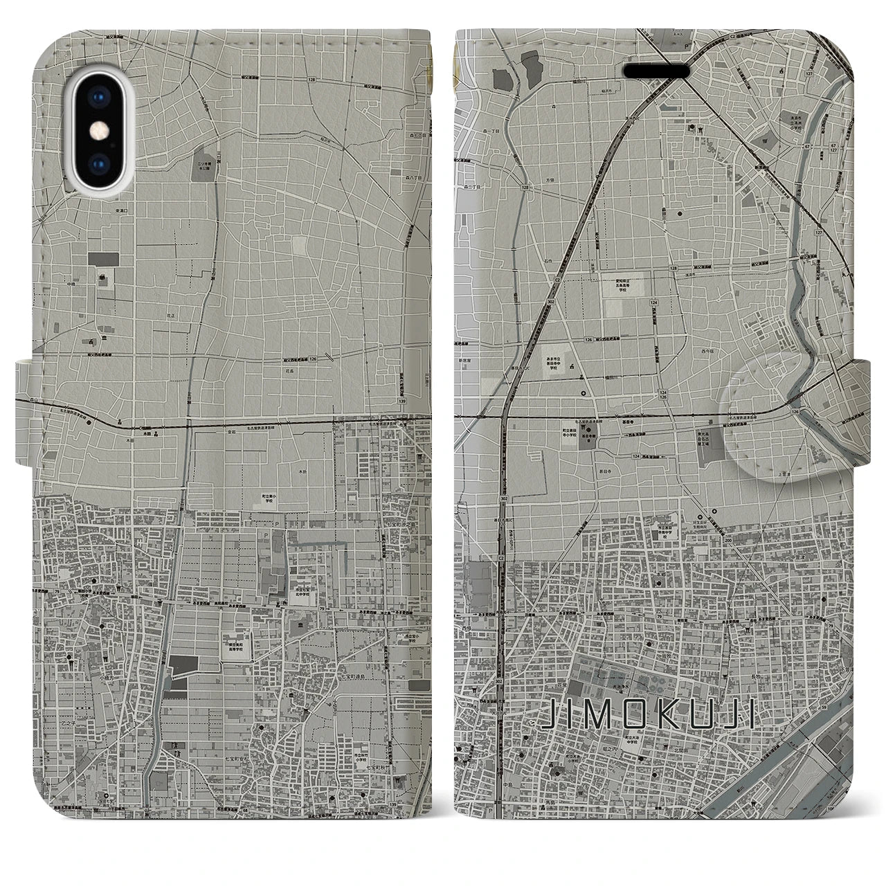 【甚目寺(愛知県)】地図柄iPhoneケース(手帳タイプ)モノトーン・iPhone XS Max 用