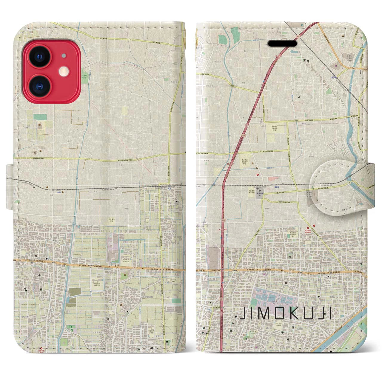 【甚目寺(愛知県)】地図柄iPhoneケース(手帳タイプ)ナチュラル・iPhone 11 用