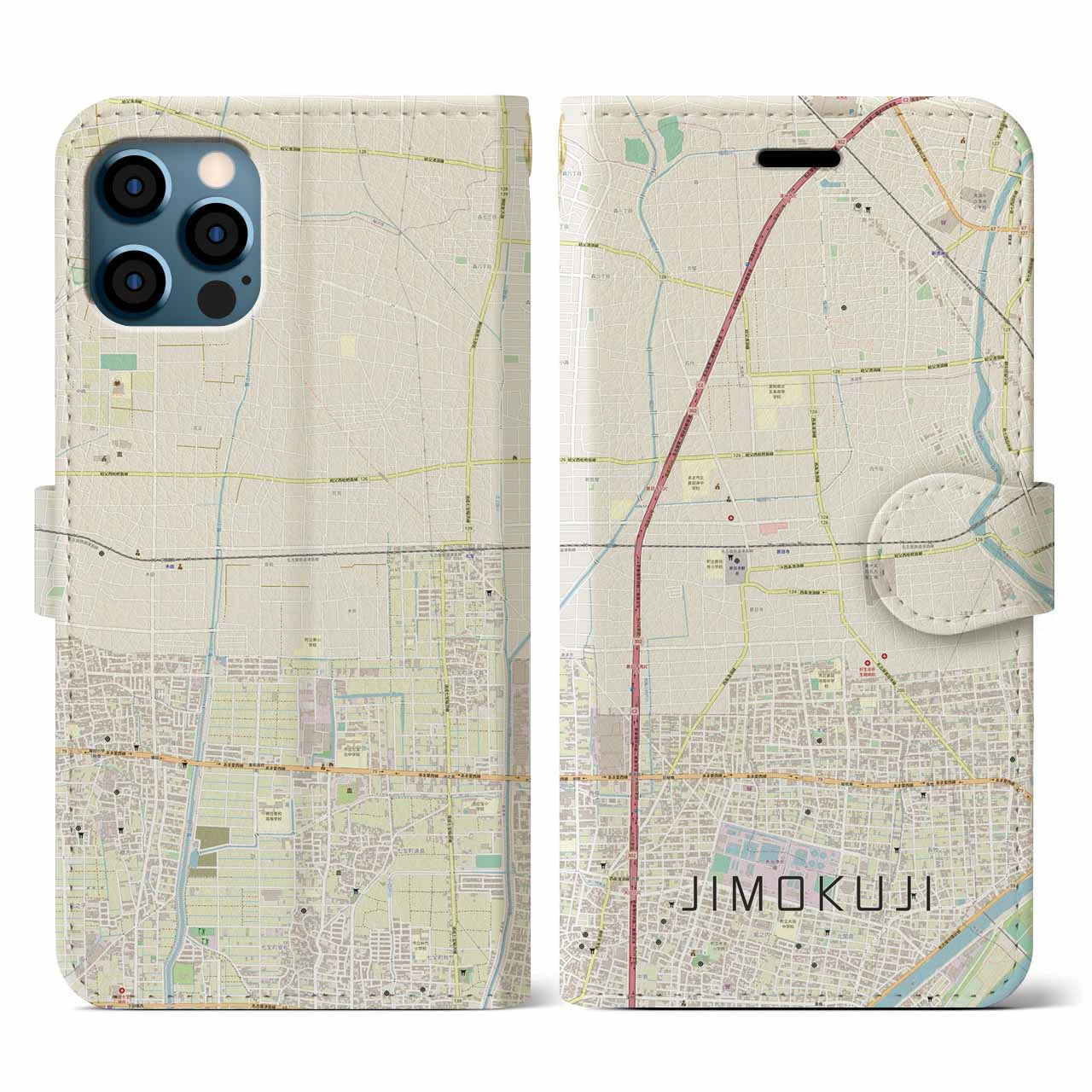 【甚目寺(愛知県)】地図柄iPhoneケース(手帳タイプ)ナチュラル・iPhone 12 / 12 Pro 用