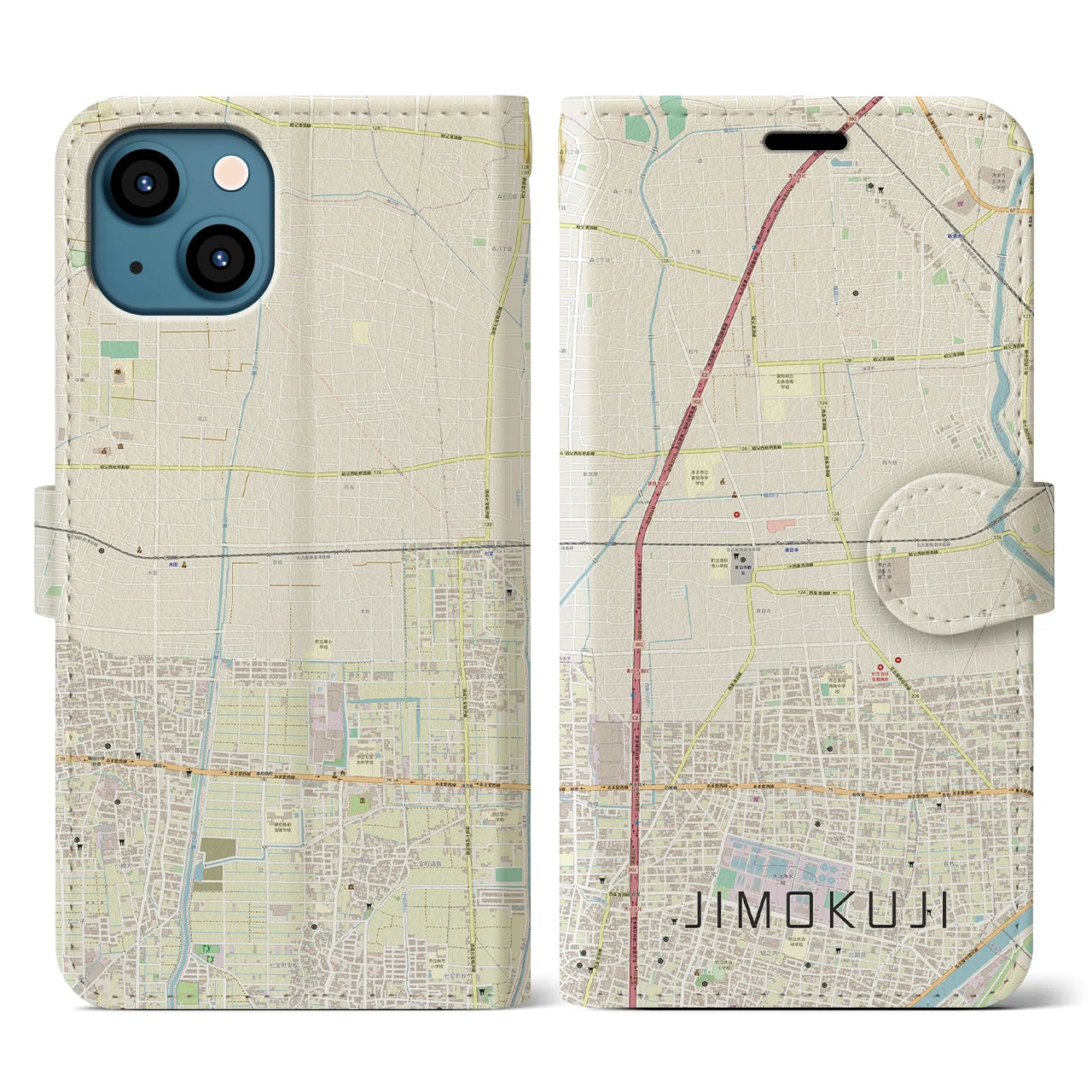 【甚目寺(愛知県)】地図柄iPhoneケース(手帳タイプ)ナチュラル・iPhone 13 用