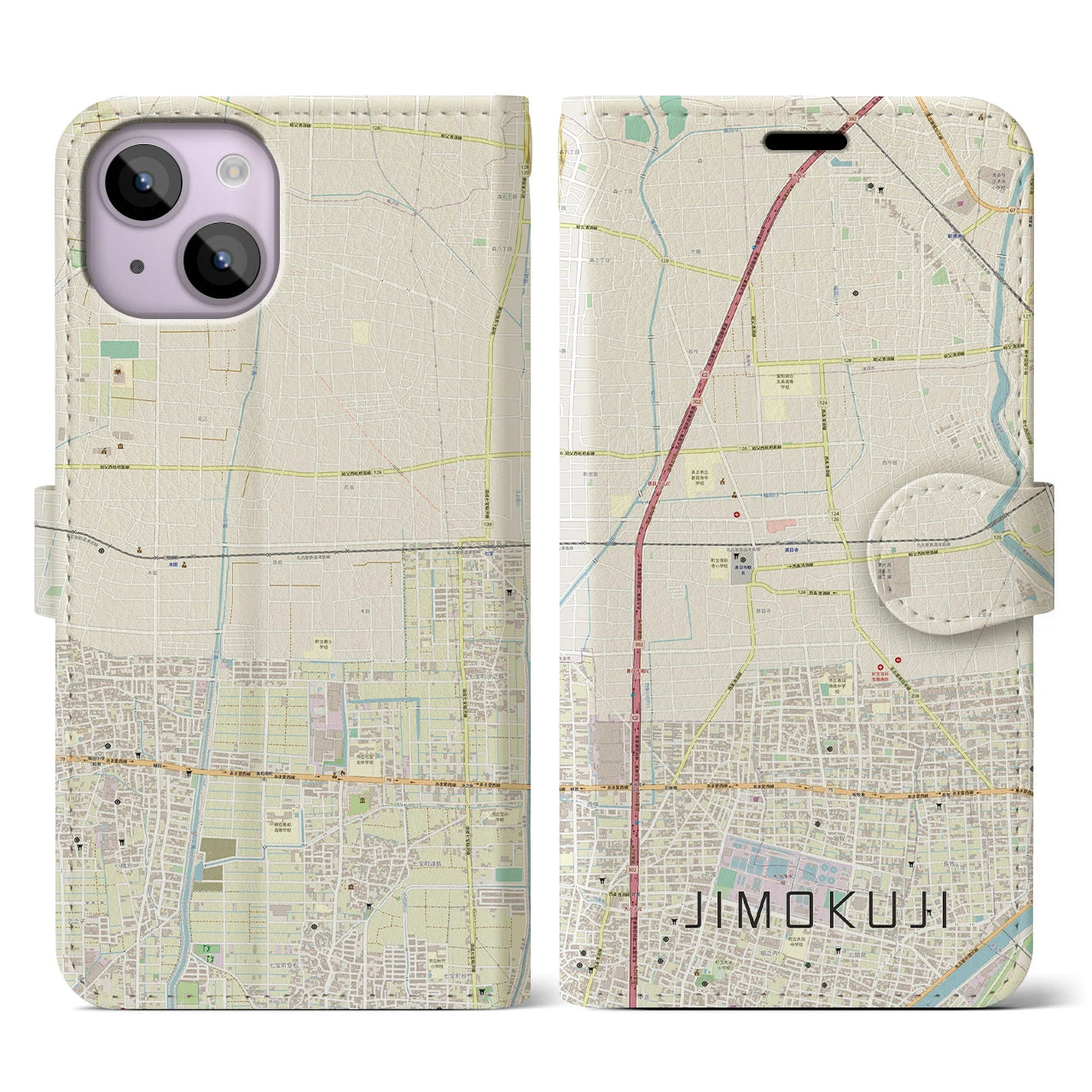 【甚目寺(愛知県)】地図柄iPhoneケース(手帳タイプ)ナチュラル・iPhone 14 用