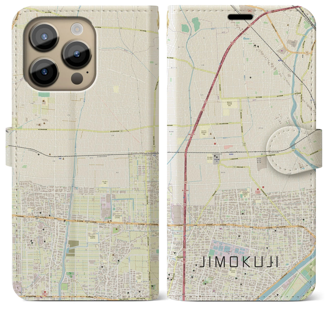【甚目寺(愛知県)】地図柄iPhoneケース(手帳タイプ)ナチュラル・iPhone 14 Pro Max 用