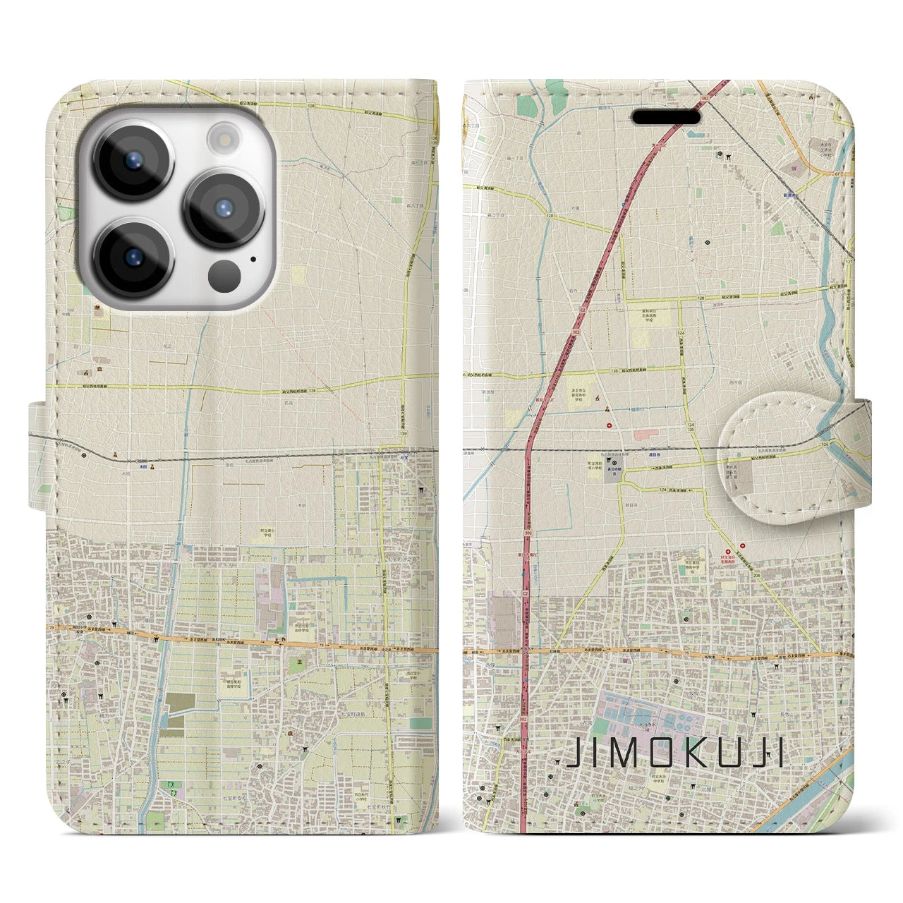 【甚目寺(愛知県)】地図柄iPhoneケース(手帳タイプ)ナチュラル・iPhone 14 Pro 用