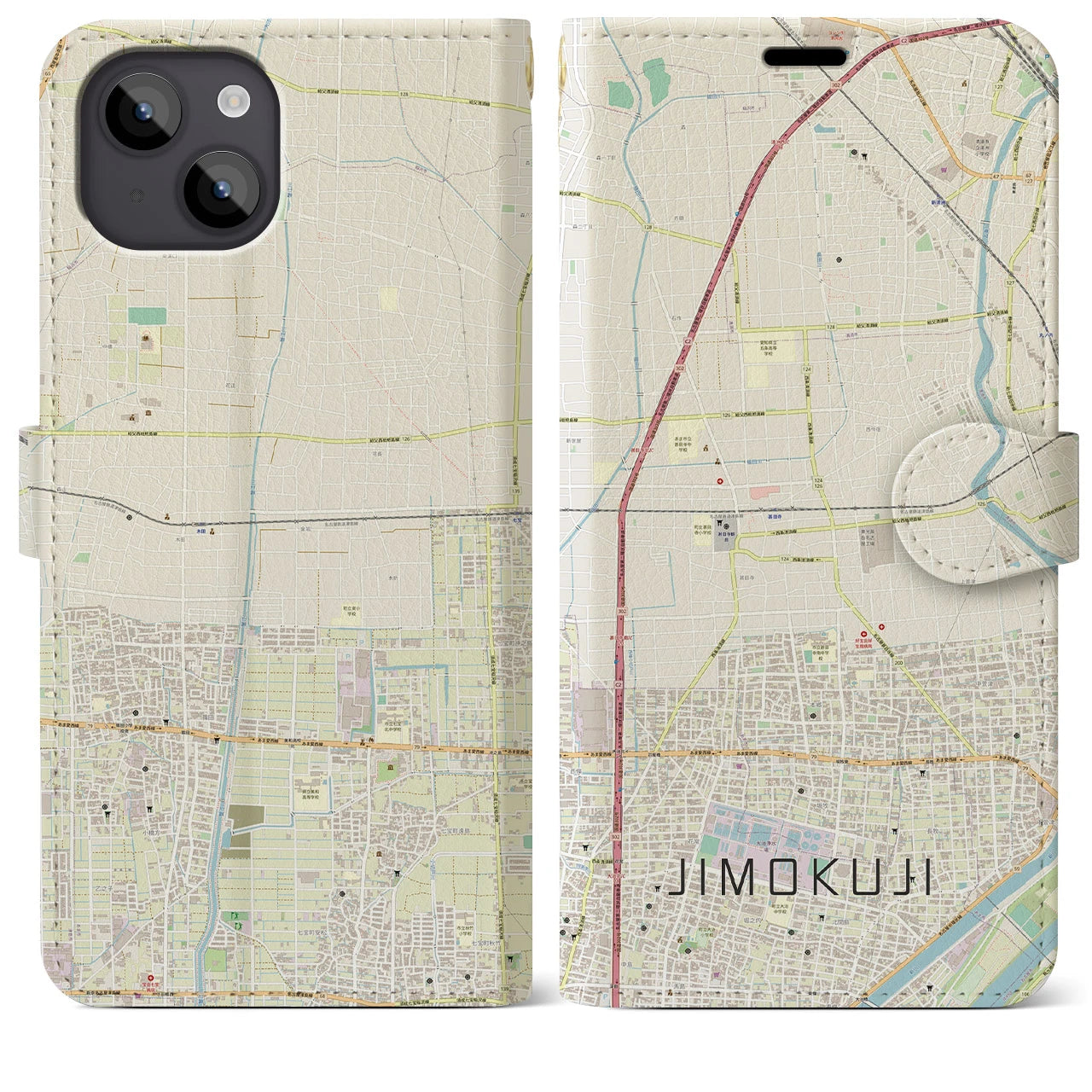 【甚目寺(愛知県)】地図柄iPhoneケース(手帳タイプ)ナチュラル・iPhone 14 Plus 用