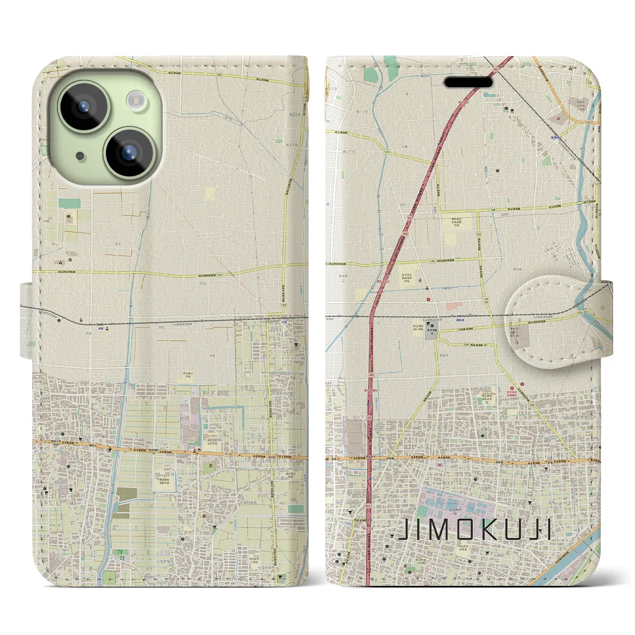 【甚目寺(愛知県)】地図柄iPhoneケース(手帳タイプ)ナチュラル・iPhone 15 用