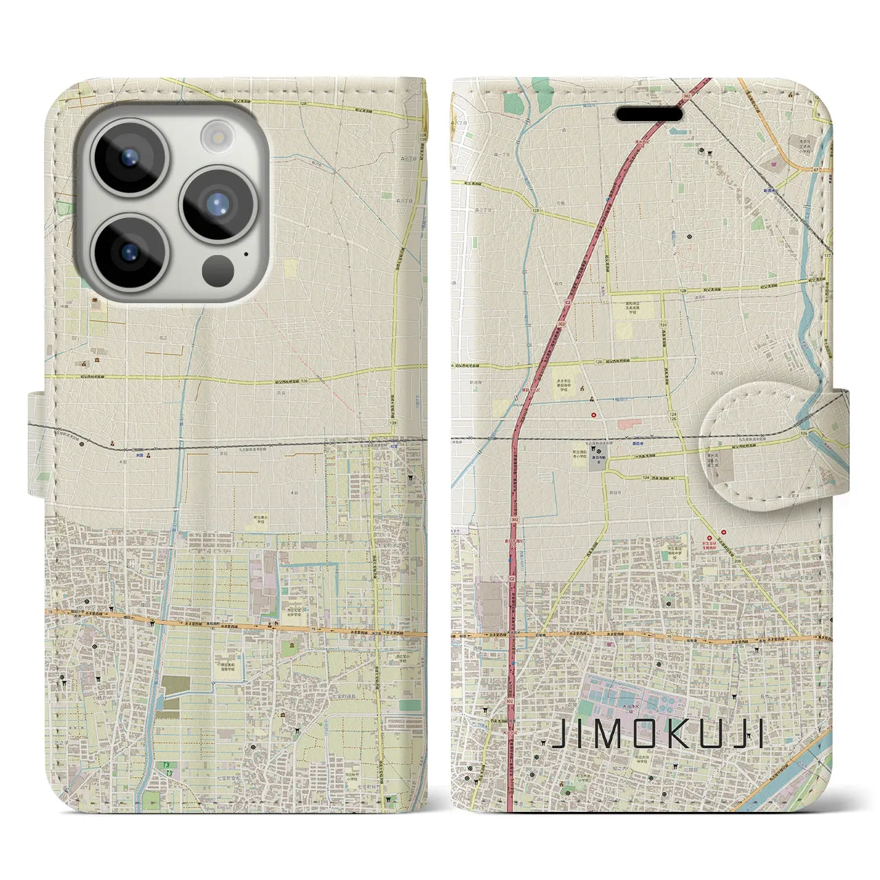 【甚目寺(愛知県)】地図柄iPhoneケース(手帳タイプ)ナチュラル・iPhone 15 Pro 用