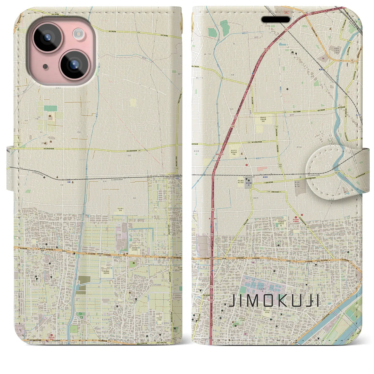 【甚目寺(愛知県)】地図柄iPhoneケース(手帳タイプ)ナチュラル・iPhone 15 Plus 用