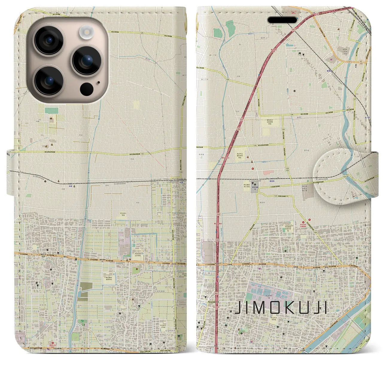 【甚目寺(愛知県)】地図柄iPhoneケース(手帳タイプ)ナチュラル・iPhone 16 Plus 用