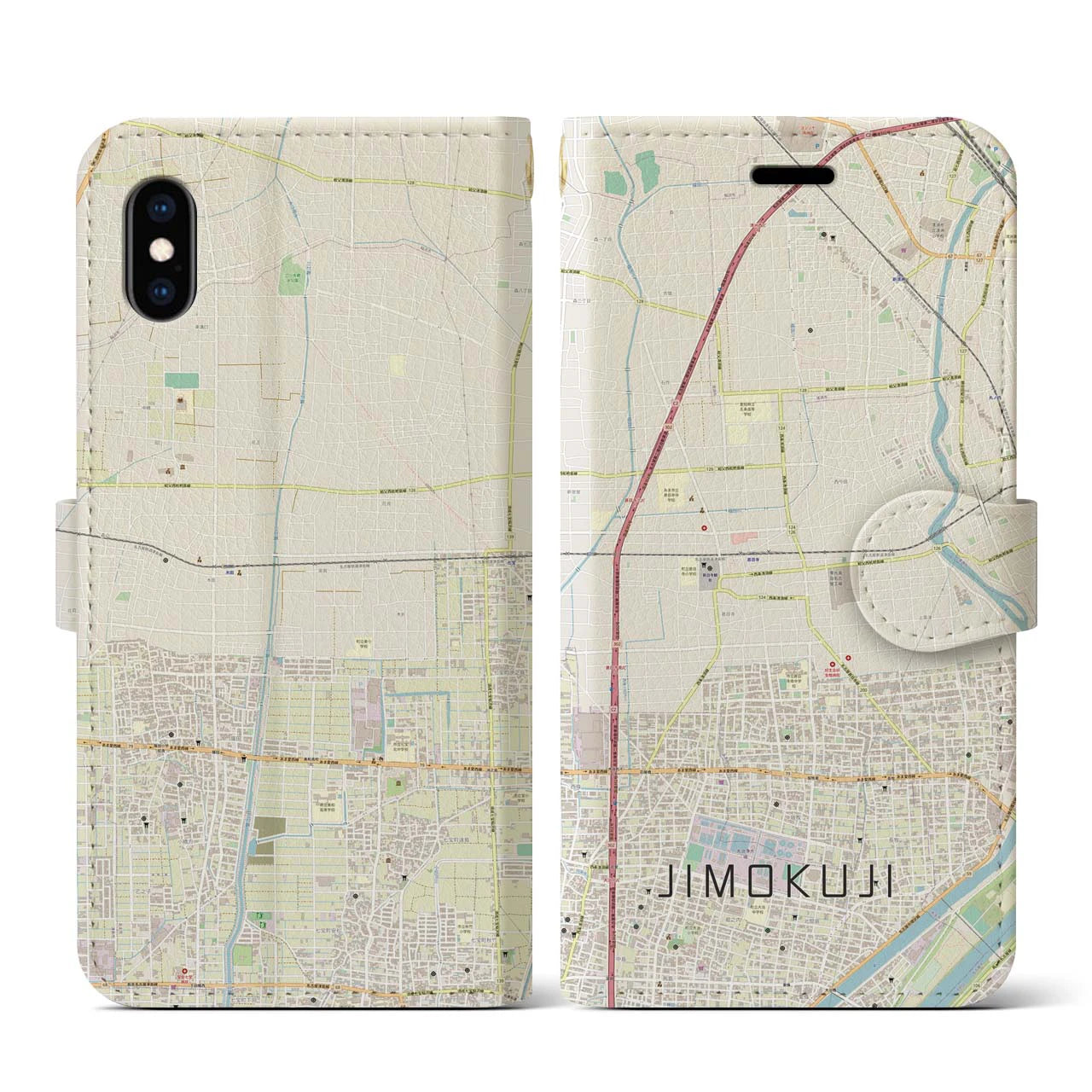 【甚目寺(愛知県)】地図柄iPhoneケース(手帳タイプ)ナチュラル・iPhone XS / X 用
