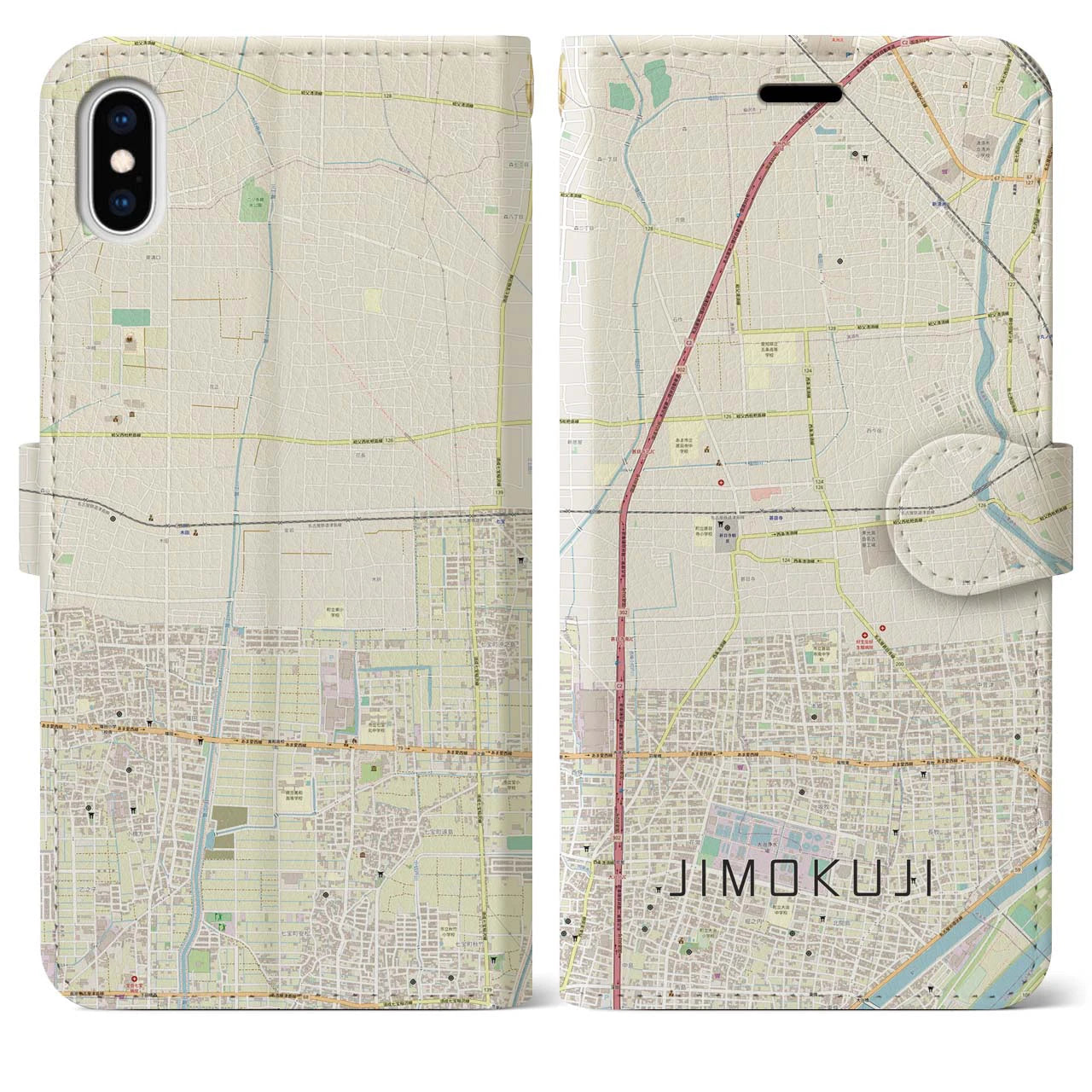 【甚目寺(愛知県)】地図柄iPhoneケース(手帳タイプ)ナチュラル・iPhone XS Max 用