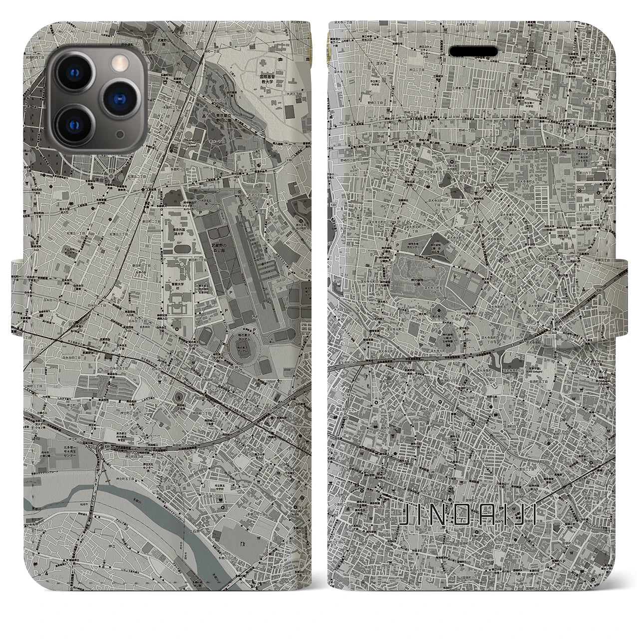 【深大寺(東京都)】地図柄iPhoneケース(手帳タイプ)モノトーン・iPhone 11 Pro Max 用
