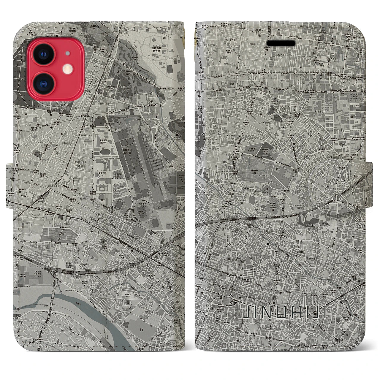 【深大寺(東京都)】地図柄iPhoneケース(手帳タイプ)モノトーン・iPhone 11 用