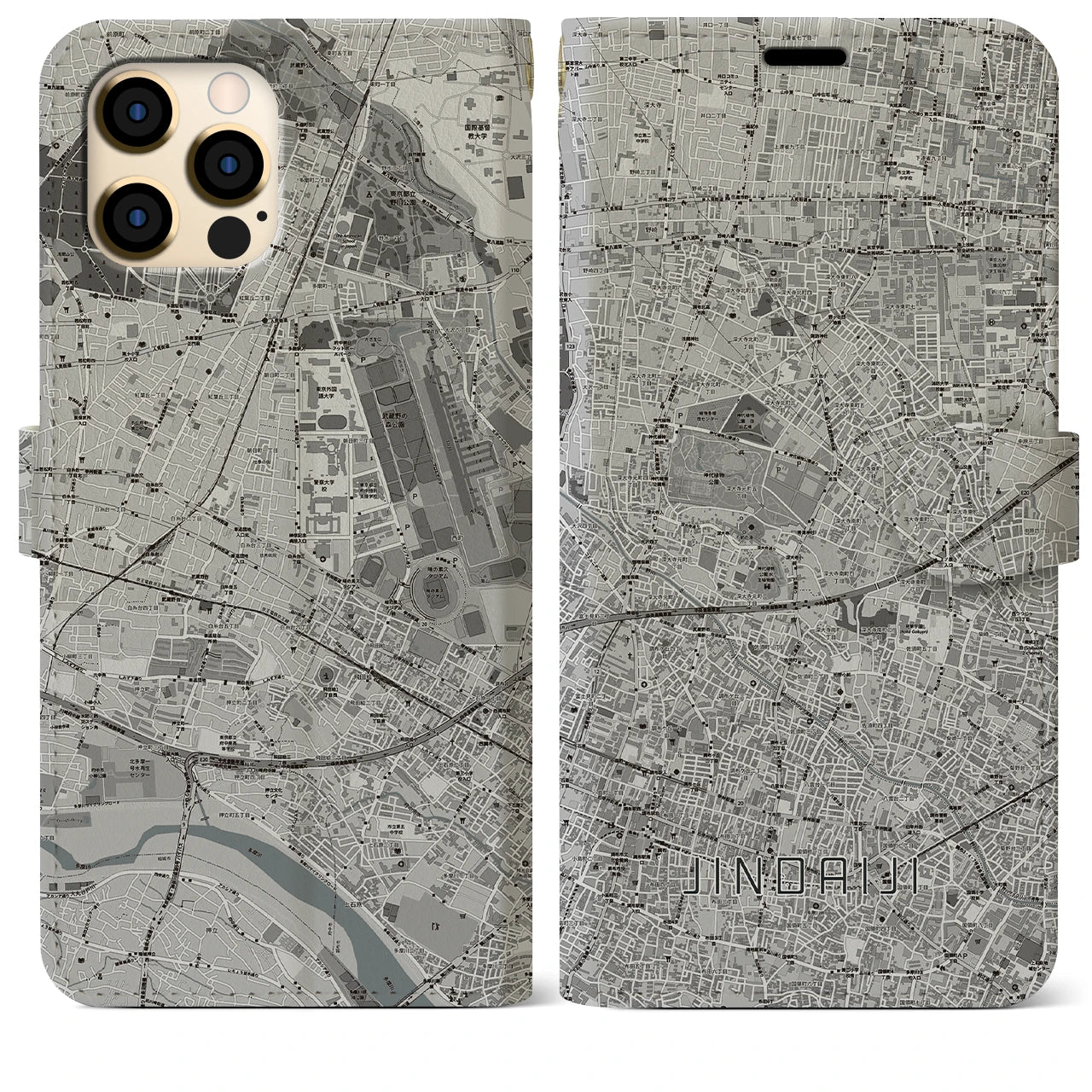 【深大寺(東京都)】地図柄iPhoneケース(手帳タイプ)モノトーン・iPhone 12 Pro Max 用