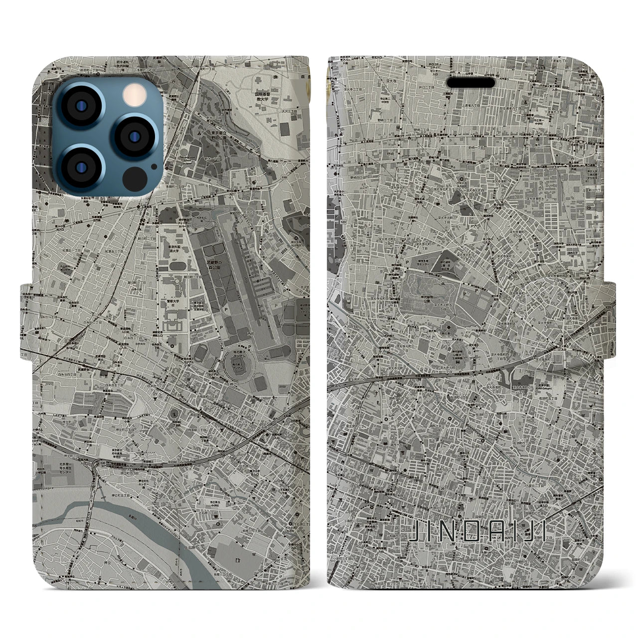 【深大寺(東京都)】地図柄iPhoneケース(手帳タイプ)モノトーン・iPhone 12 / 12 Pro 用