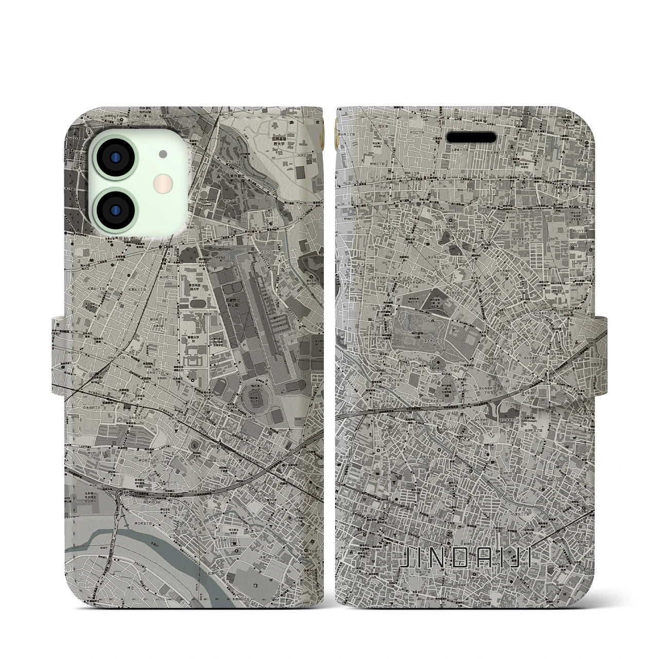 【深大寺(東京都)】地図柄iPhoneケース(手帳タイプ)モノトーン・iPhone 12 mini 用