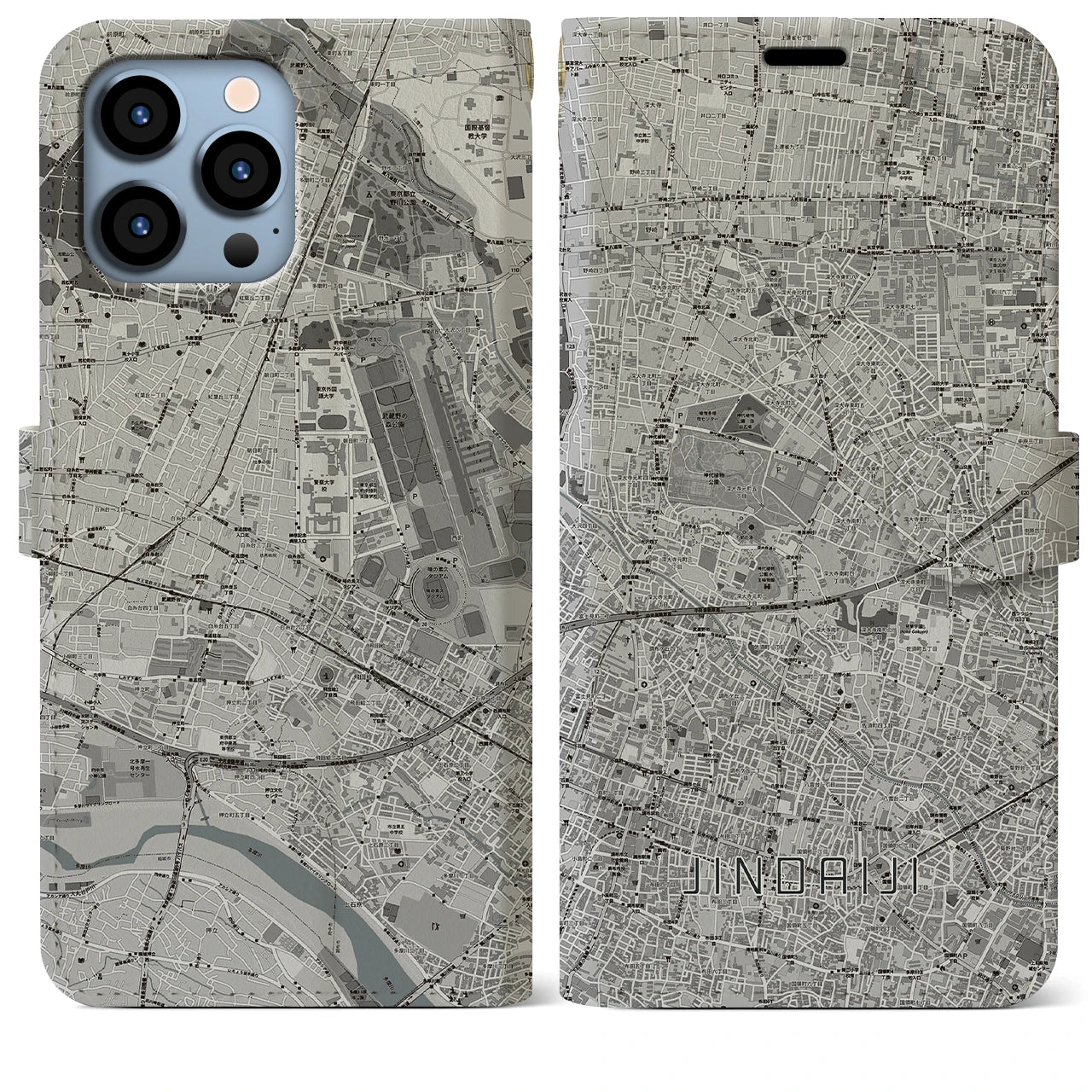 【深大寺(東京都)】地図柄iPhoneケース(手帳タイプ)モノトーン・iPhone 13 Pro Max 用