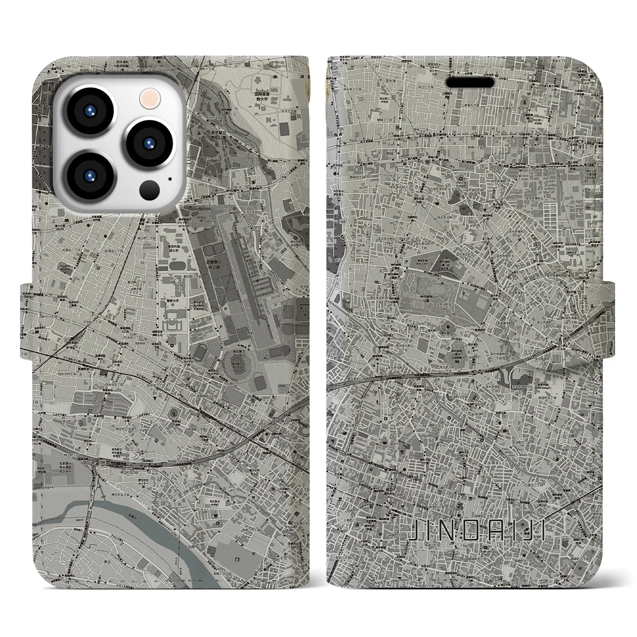 【深大寺(東京都)】地図柄iPhoneケース(手帳タイプ)モノトーン・iPhone 13 Pro 用
