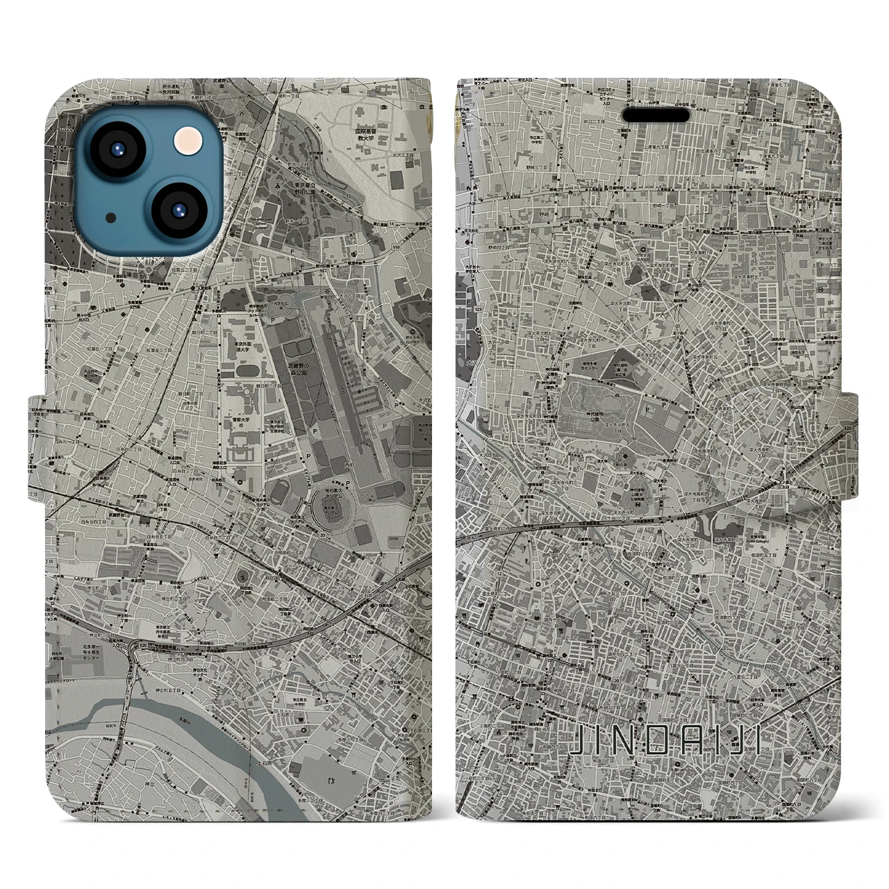 【深大寺(東京都)】地図柄iPhoneケース(手帳タイプ)モノトーン・iPhone 13 用