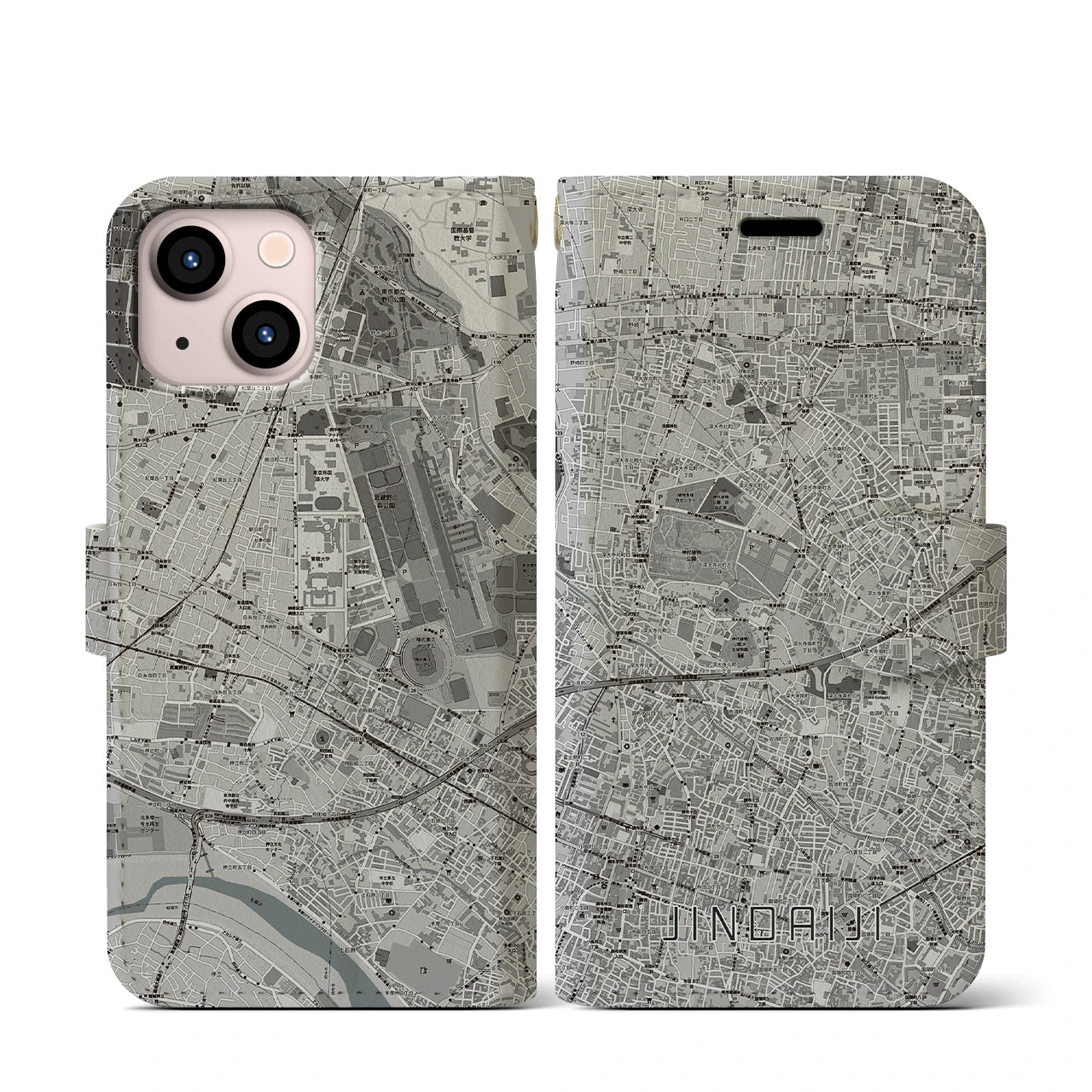 【深大寺(東京都)】地図柄iPhoneケース(手帳タイプ)モノトーン・iPhone 13 mini 用