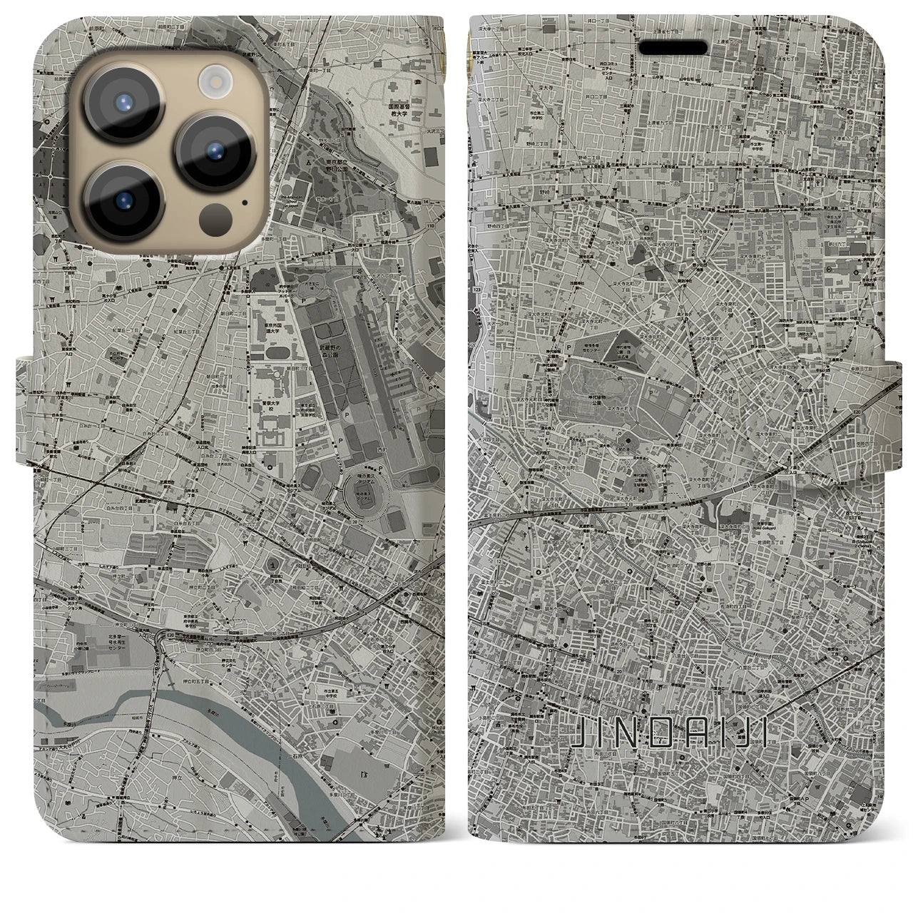 【深大寺(東京都)】地図柄iPhoneケース(手帳タイプ)モノトーン・iPhone 14 Pro Max 用