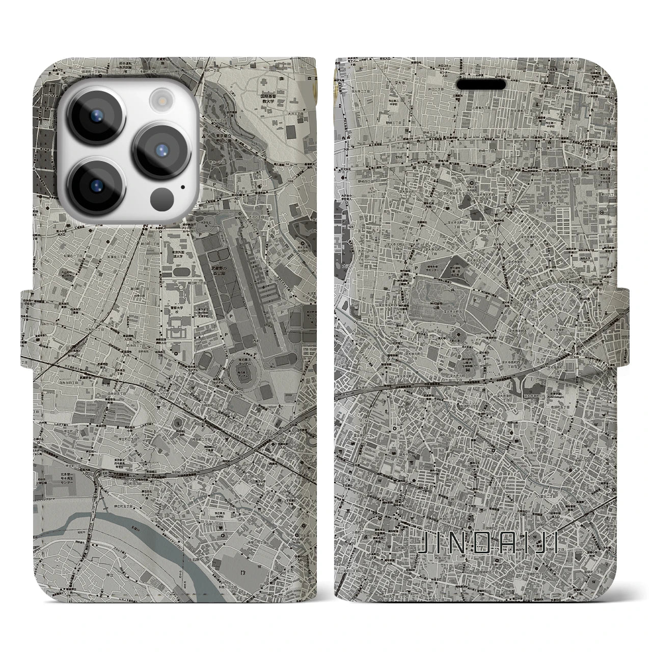 【深大寺(東京都)】地図柄iPhoneケース(手帳タイプ)モノトーン・iPhone 14 Pro 用