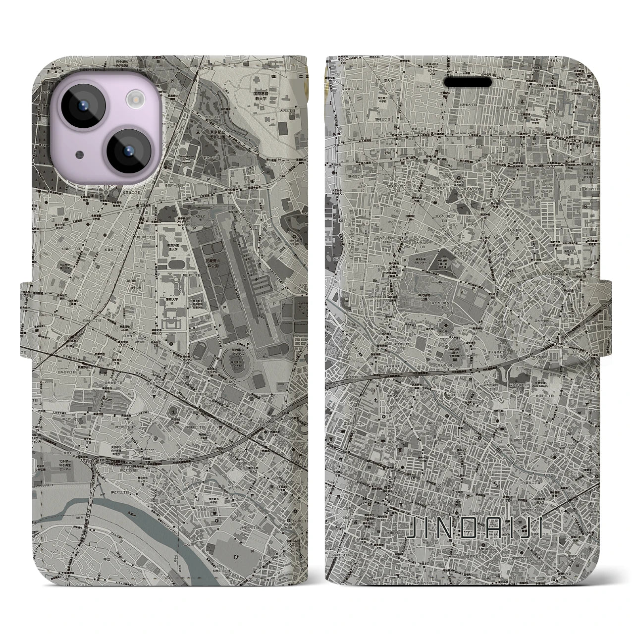 【深大寺(東京都)】地図柄iPhoneケース(手帳タイプ)モノトーン・iPhone 14 用