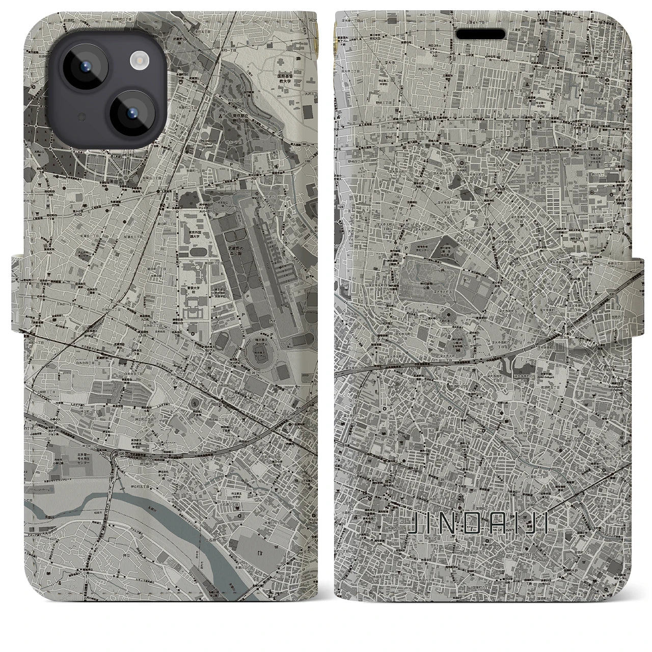 【深大寺(東京都)】地図柄iPhoneケース(手帳タイプ)モノトーン・iPhone 14 Plus 用