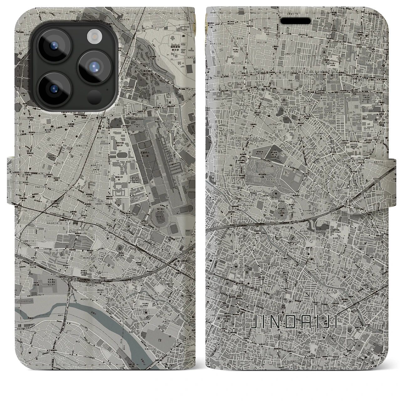 【深大寺(東京都)】地図柄iPhoneケース(手帳タイプ)モノトーン・iPhone 15 Pro Max 用