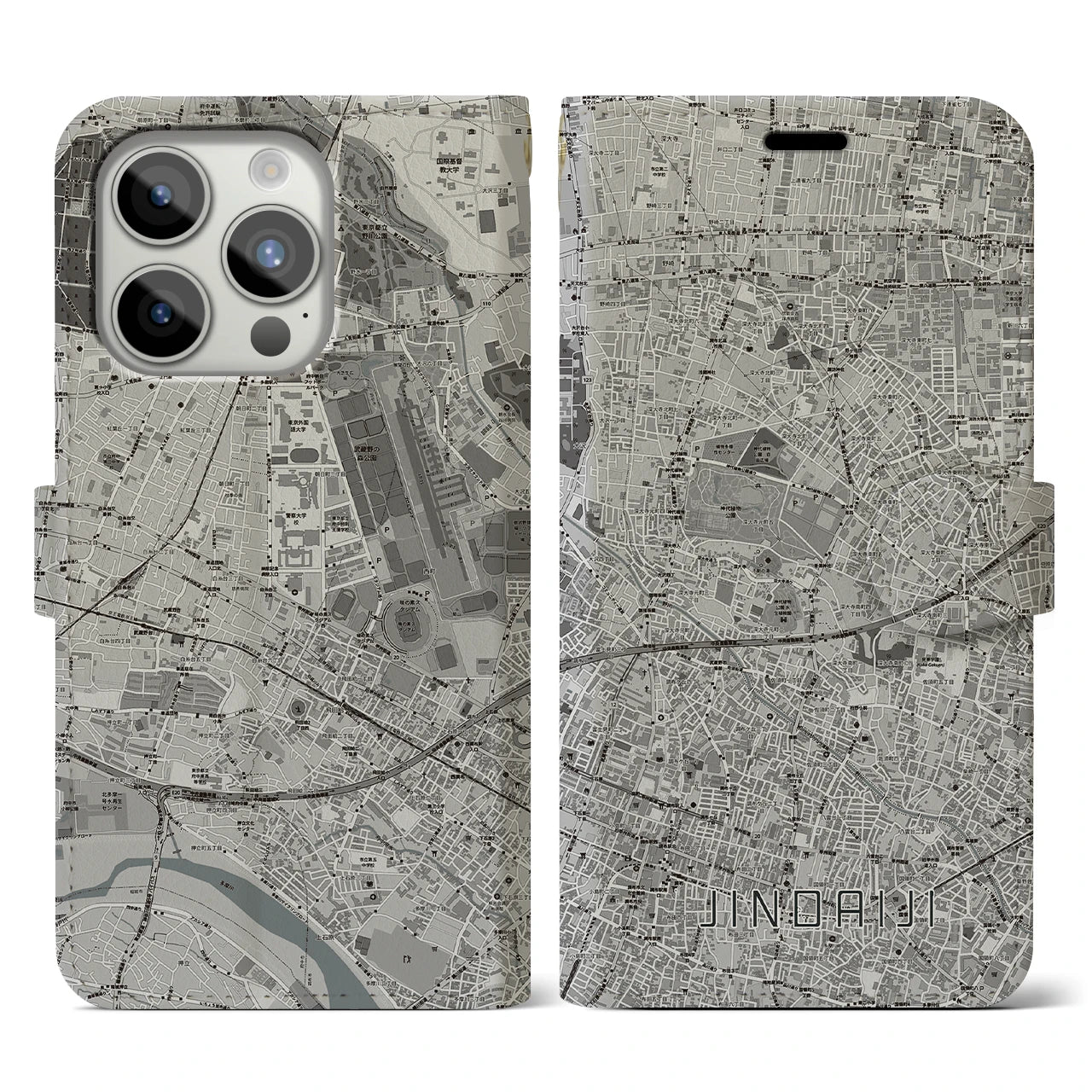 【深大寺(東京都)】地図柄iPhoneケース(手帳タイプ)モノトーン・iPhone 15 Pro 用