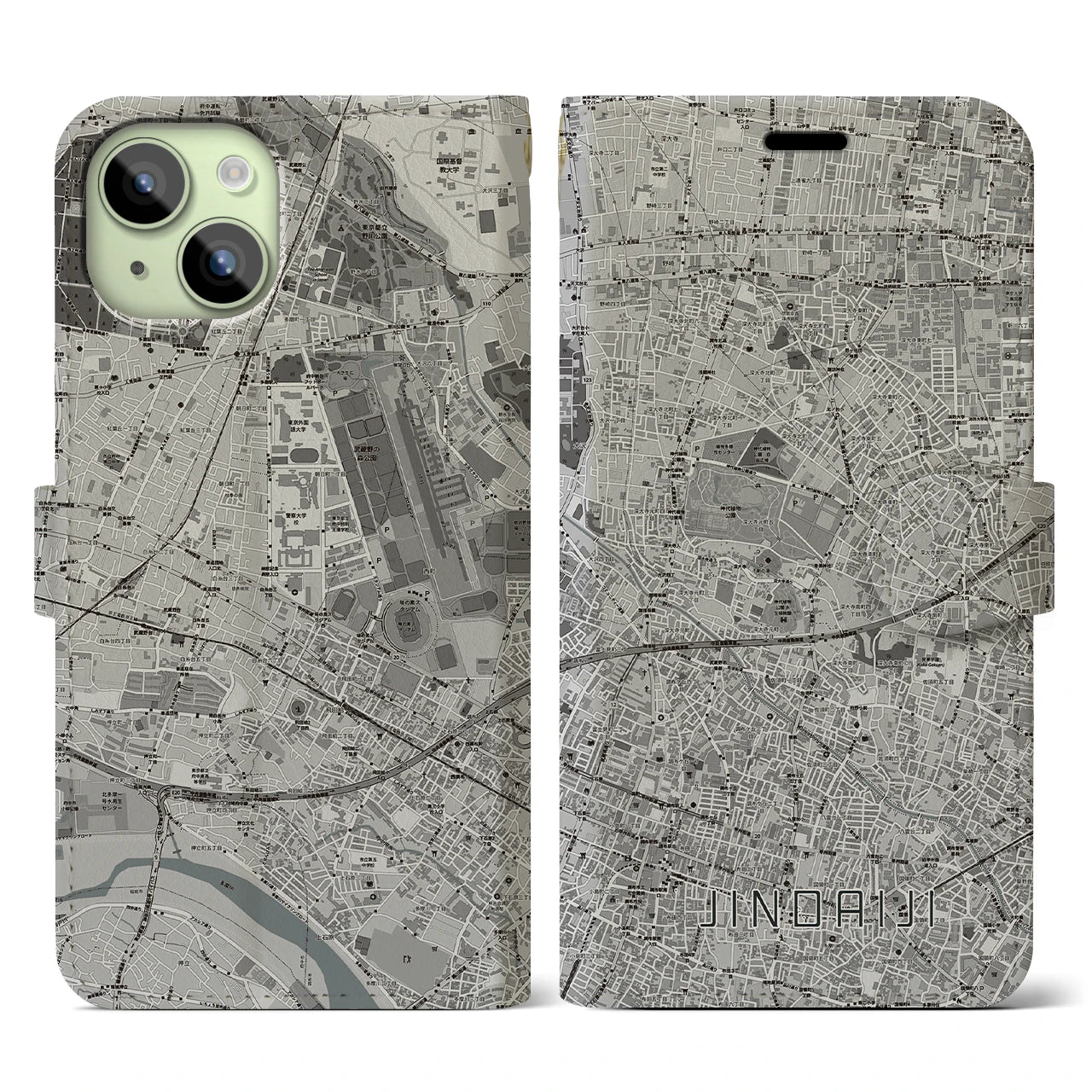 【深大寺(東京都)】地図柄iPhoneケース(手帳タイプ)モノトーン・iPhone 15 用