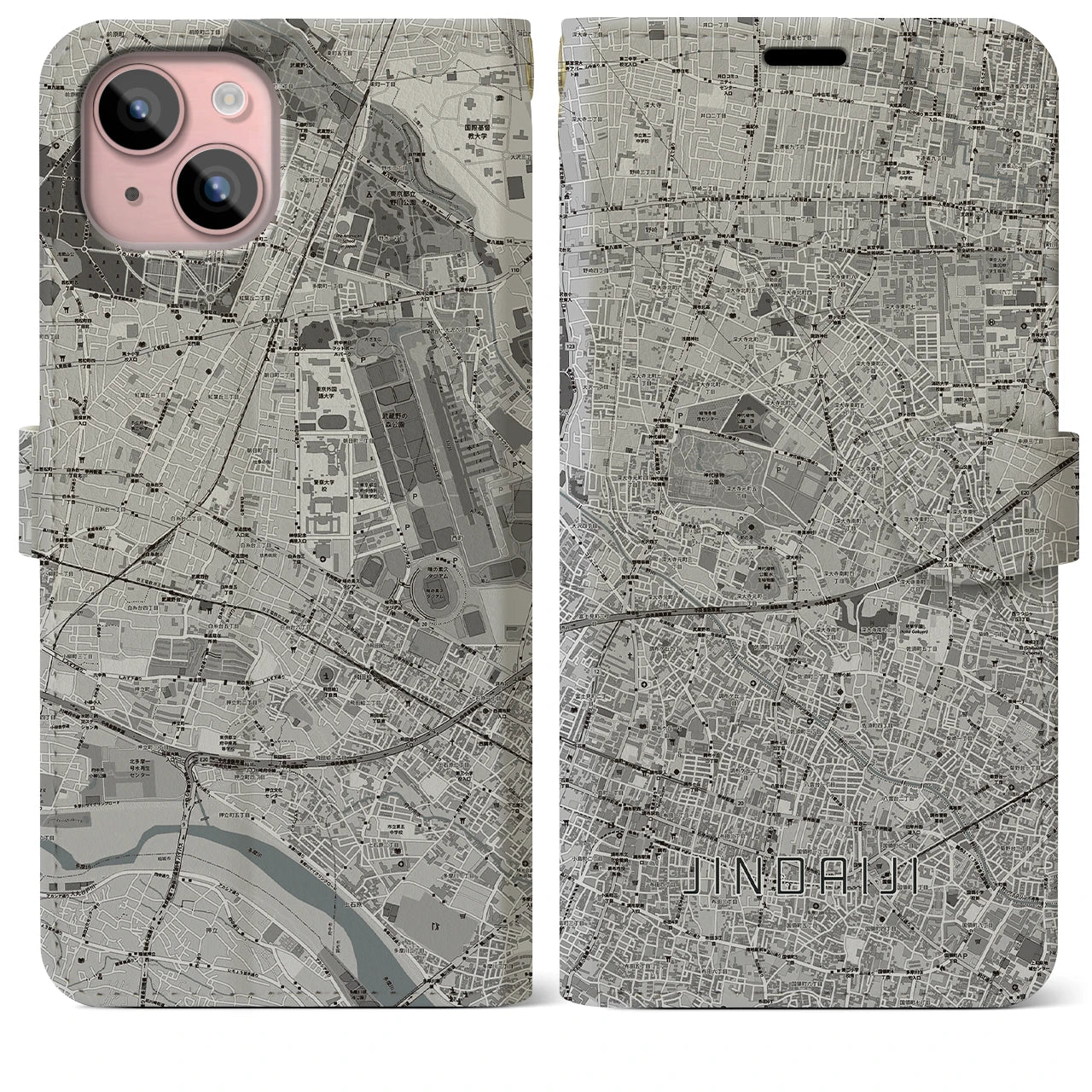 【深大寺(東京都)】地図柄iPhoneケース(手帳タイプ)モノトーン・iPhone 15 Plus 用