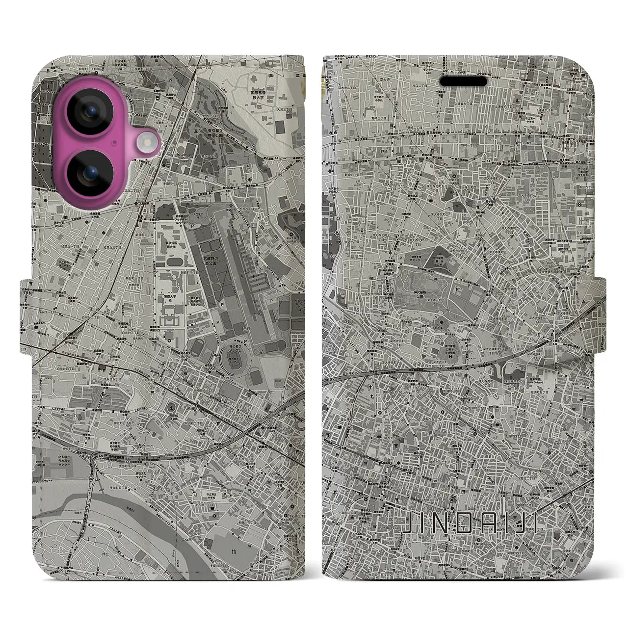 【深大寺(東京都)】地図柄iPhoneケース(手帳タイプ)モノトーン・iPhone 16 Pro 用