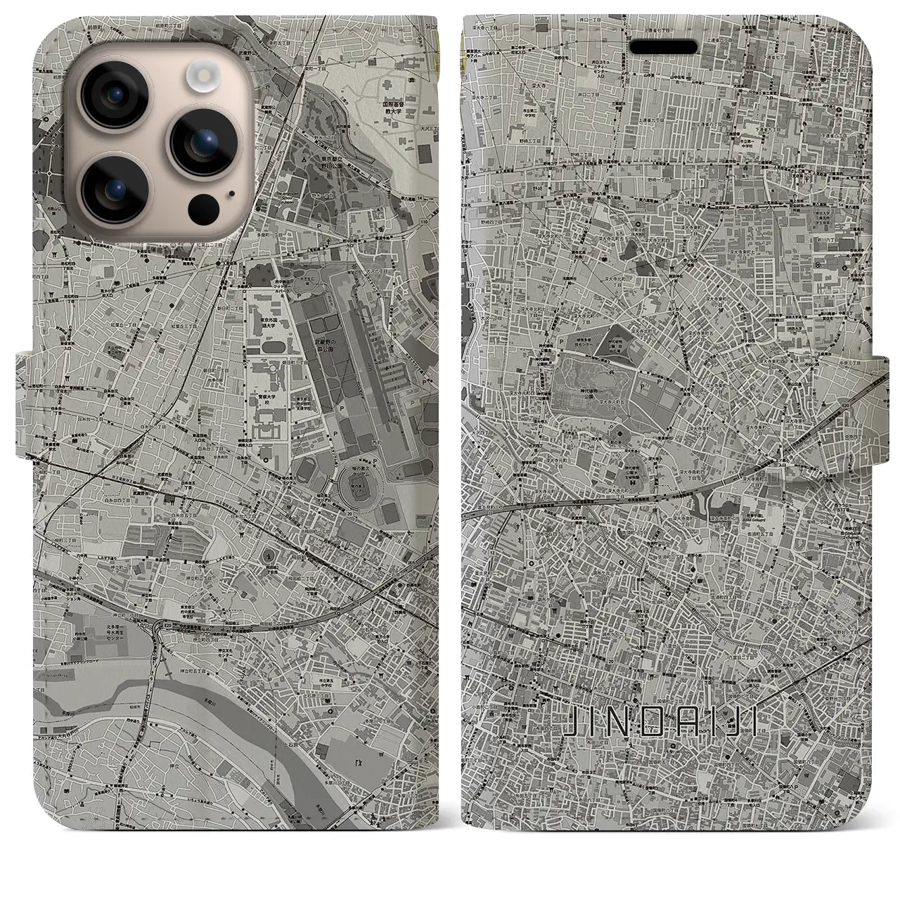 【深大寺(東京都)】地図柄iPhoneケース(手帳タイプ)モノトーン・iPhone 16 Plus 用