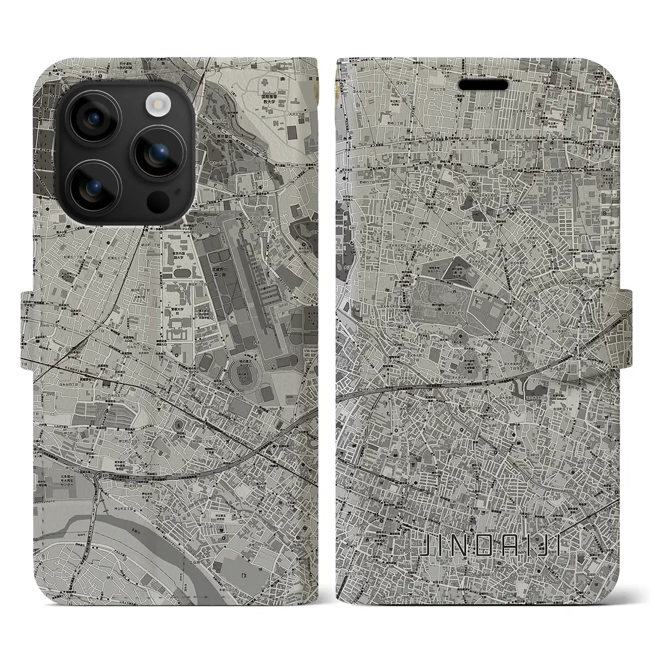 【深大寺(東京都)】地図柄iPhoneケース(手帳タイプ)モノトーン・iPhone 16 用