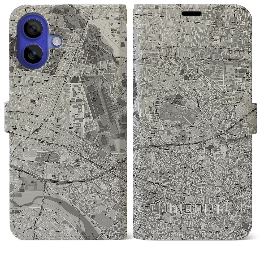 【深大寺(東京都)】地図柄iPhoneケース(手帳タイプ)モノトーン・iPhone 16 Pro Max 用
