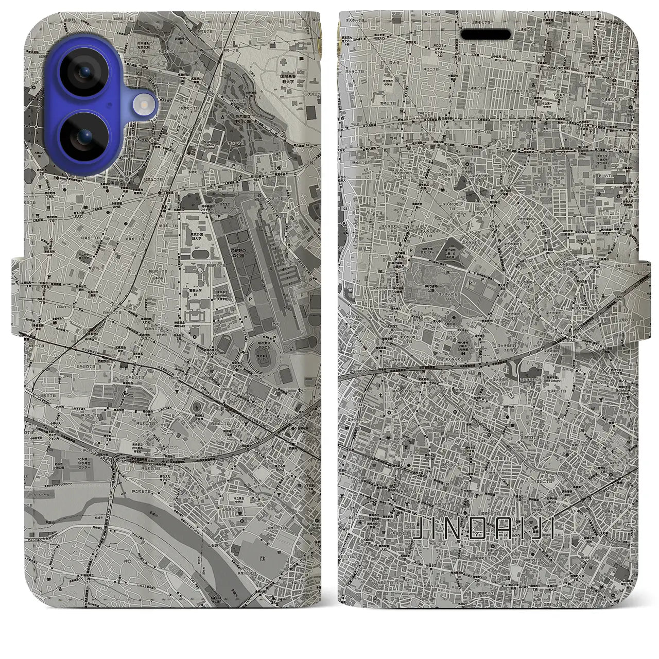 【深大寺(東京都)】地図柄iPhoneケース(手帳タイプ)モノトーン・iPhone 16 Pro Max 用