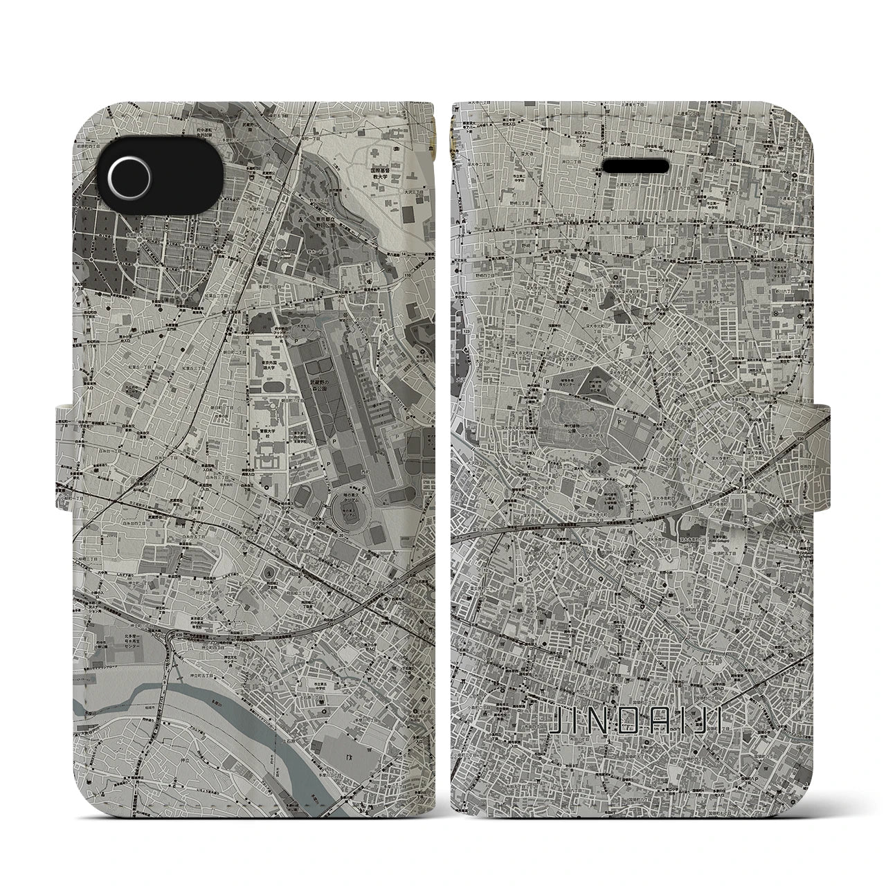 【深大寺(東京都)】地図柄iPhoneケース(手帳タイプ)モノトーン・iPhone SE(第3 / 第2世代) / 8 / 7 / 6s / 6 用