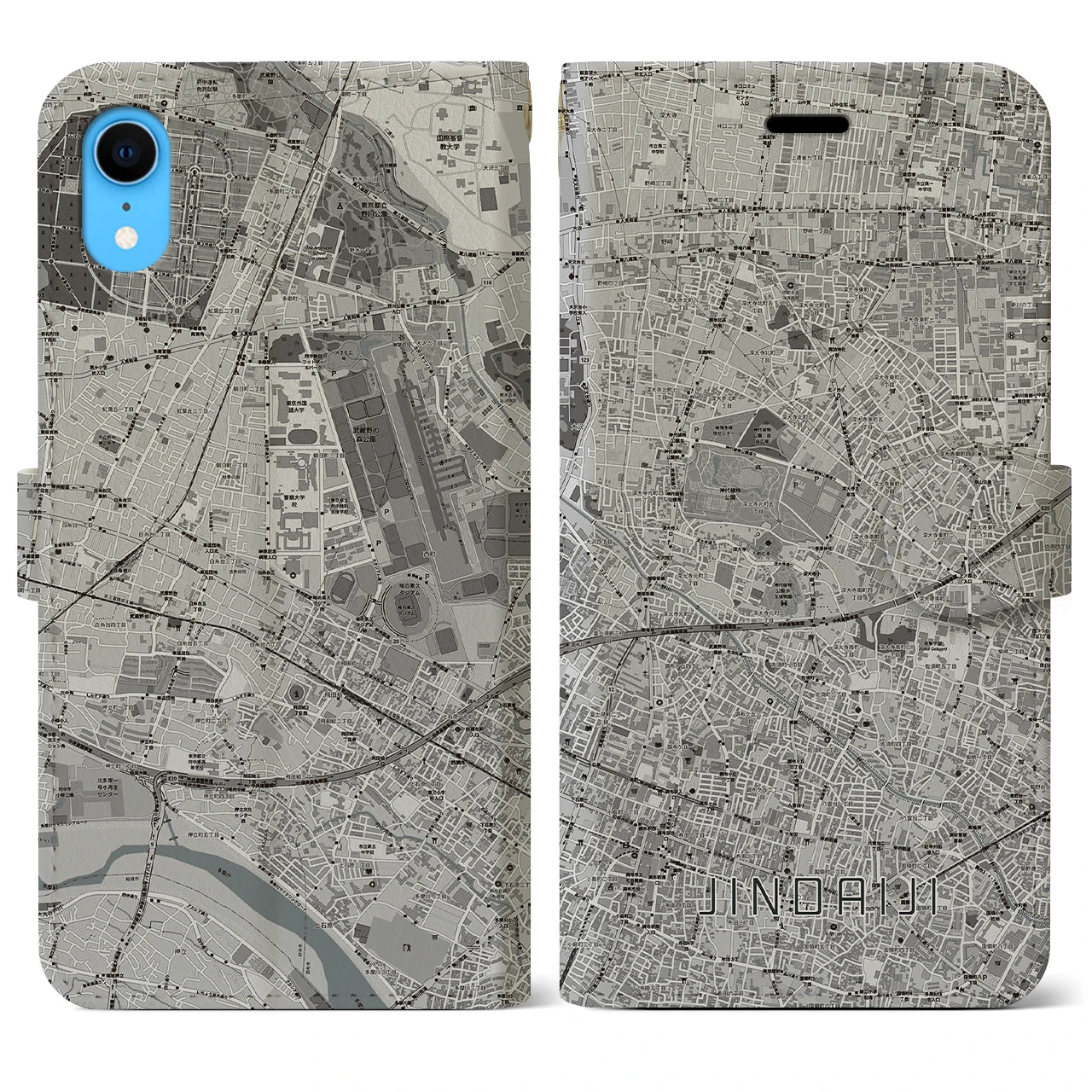 【深大寺(東京都)】地図柄iPhoneケース(手帳タイプ)モノトーン・iPhone XR 用