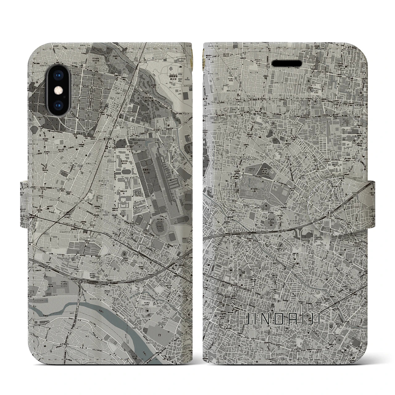 【深大寺(東京都)】地図柄iPhoneケース(手帳タイプ)モノトーン・iPhone XS / X 用