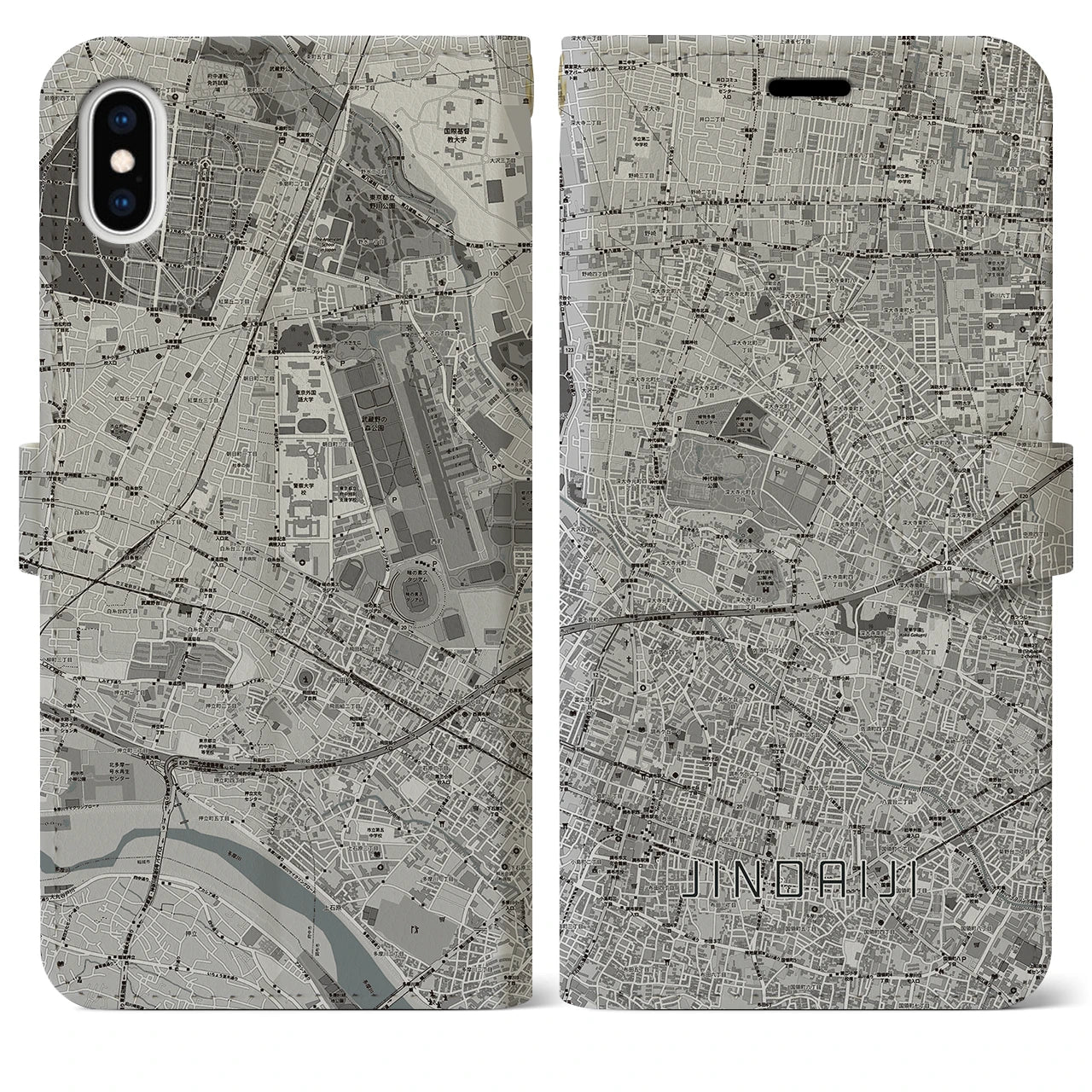 【深大寺(東京都)】地図柄iPhoneケース(手帳タイプ)モノトーン・iPhone XS Max 用