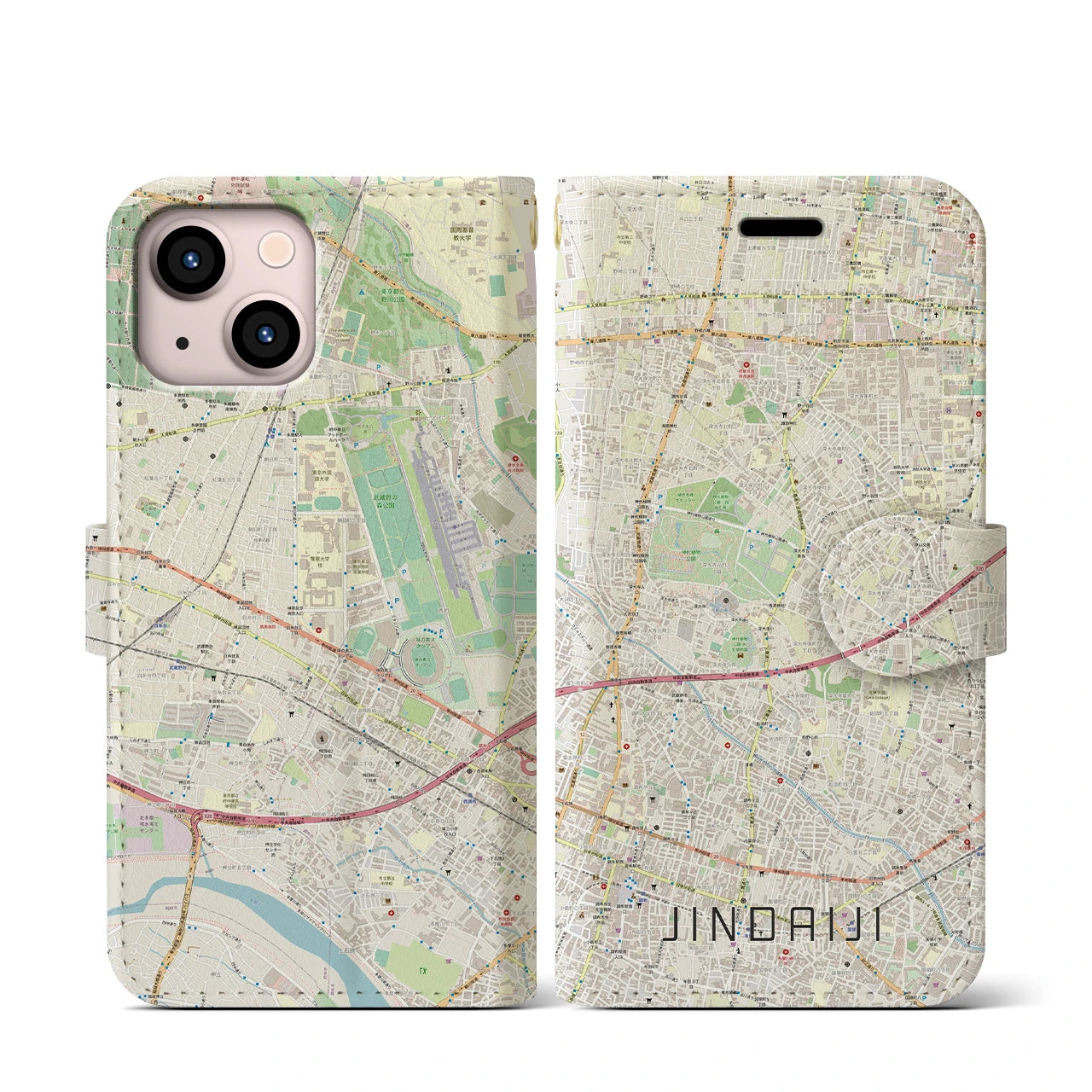 【深大寺(東京都)】地図柄iPhoneケース(手帳タイプ)ナチュラル・iPhone 13 mini 用