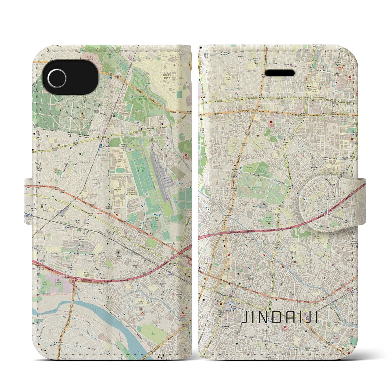【深大寺(東京都)】地図柄iPhoneケース(手帳タイプ)ナチュラル・iPhone SE(第3 / 第2世代) / 8 / 7 / 6s / 6 用
