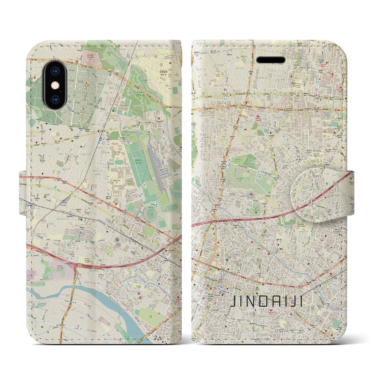 【深大寺(東京都)】地図柄iPhoneケース(手帳タイプ)ナチュラル・iPhone XS / X 用