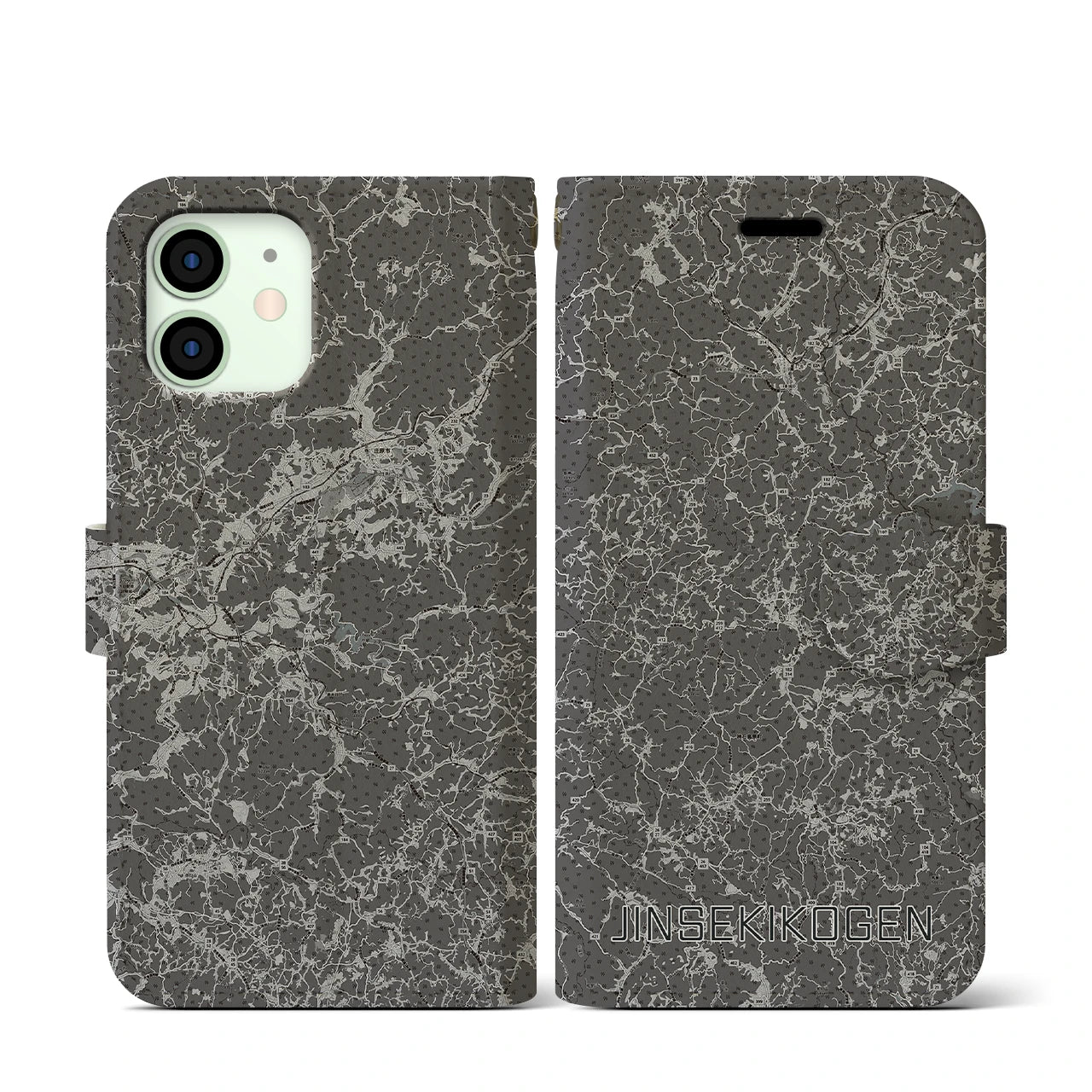 【神石高原(広島県)】地図柄iPhoneケース(手帳タイプ)モノトーン・iPhone 12 mini 用