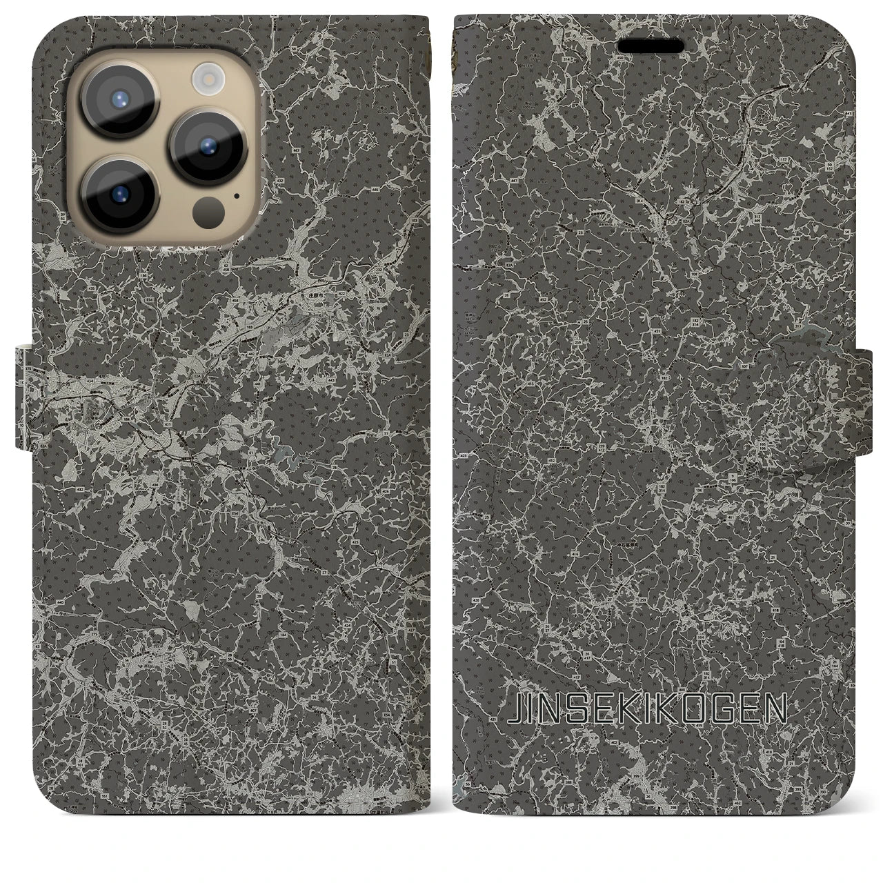 【神石高原(広島県)】地図柄iPhoneケース(手帳タイプ)モノトーン・iPhone 14 Pro Max 用