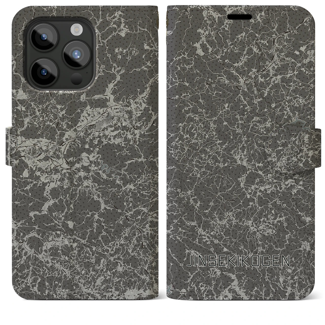 【神石高原(広島県)】地図柄iPhoneケース(手帳タイプ)モノトーン・iPhone 15 Pro Max 用